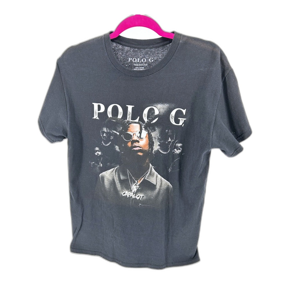 Polo G Graphic T-Shirt Mens Medium Black Capalot Rap Tee Discolored Flaw